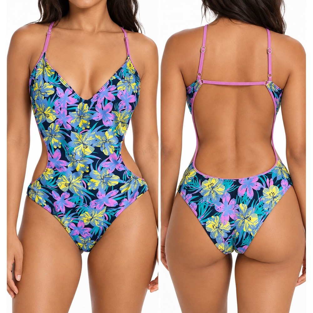 U.S. Polo Assn Swimsuit Womens Medium Cutout Monokini Tropical Floral Open Back